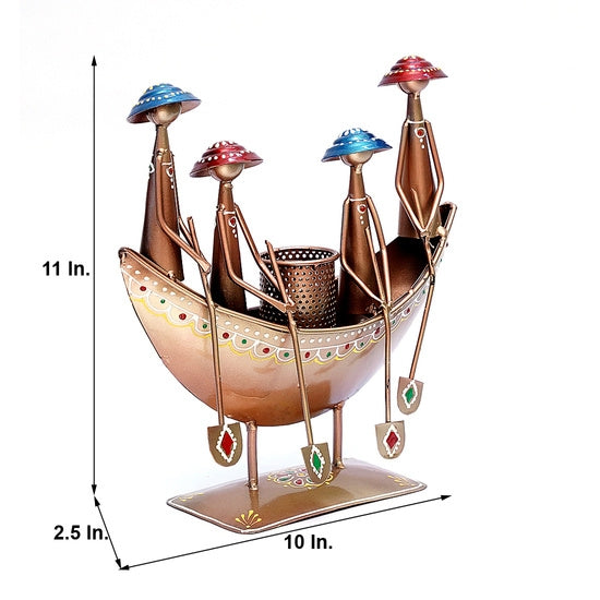 Handcrafted Metal Rowing Boat Showpiece with 4 Human Figurines - 11 Inch Home Decor