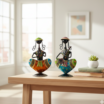 Handcrafted Metal Sitting Musician Figurine (8 In.) - Folk Art Female Player with Sitar