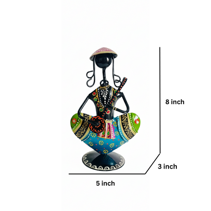 Handcrafted Metal Sitting Musician Figurine (8 In.) - Folk Art Female Player with Sitar