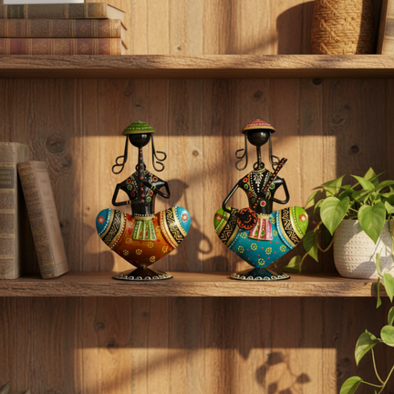 Handcrafted Metal Sitting Musician Figurine (8 In.) - Folk Art Female Player with Sitar