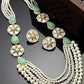 Karatcart Pearl Beaded Light Green Carved Stone Kundan Rani Haar Necklace Set for Women