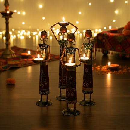 14-Inch Handcrafted Metal Woman Figurine with Head Pot - Diya/Tea Light Candle Holder set of 3