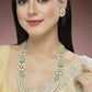 Karatcart Pearl Beaded Light Green Carved Stone Kundan Rani Haar Necklace Set for Women