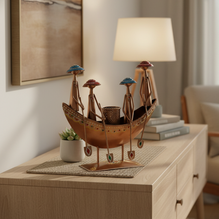 Handcrafted Metal Rowing Boat Showpiece with 4 Human Figurines - 11 Inch Home Decor