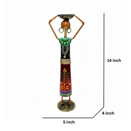 14-Inch Handcrafted Metal Woman Figurine with Head Pot - Diya/Tea Light Candle Holder set of 3