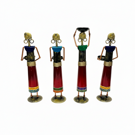 14-Inch Handcrafted Metal Woman Figurine with Head Pot - Diya/Tea Light Candle Holder set of 3