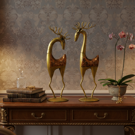Set of 2 Tall Handcrafted Metal Deer Figurines (20 In. & 15 In.) - Rustic Gold & Copper Showpiece