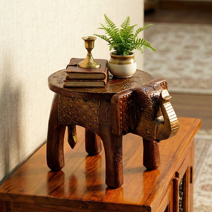 Handcrafted Wooden Elephant Stool Showpiece - Carved Figurine 6 Inch Tall Home Decor