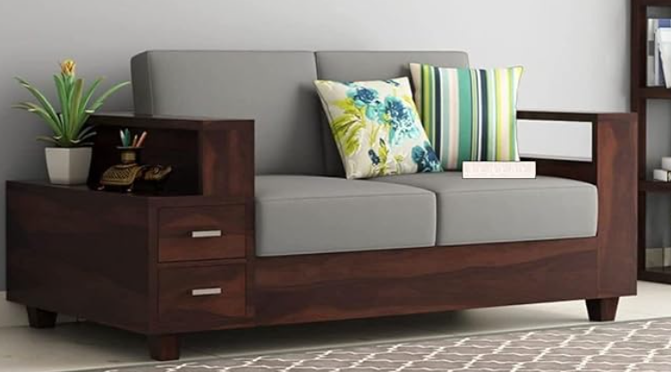 Sheesham Wood 2-Seater Sofa with Dual Drawer Storage | Wooden Living Room & Office Sofa Set – Walnut Finish