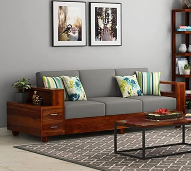 Solid Sheesham Wood Three-Seater Sofa Set with 2 Storage Drawers | Natural Finish
