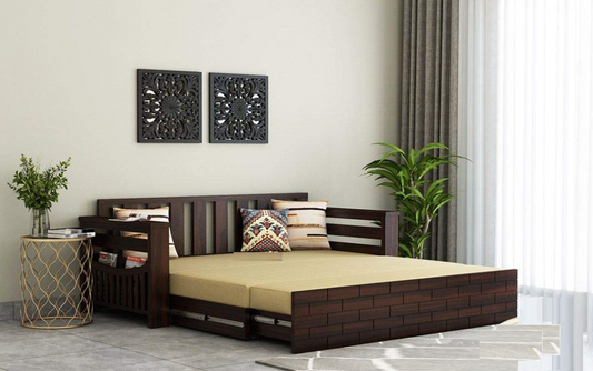 Solid Sheesham & Teak Wood 3-Seater Sofa Cum Bed for Living Room | Wooden Construction | With Storage | Without Pillows | Walnut Finish