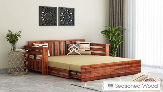3-Person Sheesham Wood Sofa Cum Bed with Storage | Wooden Living Room Sofa Bed – Natural Brown | With Cushions