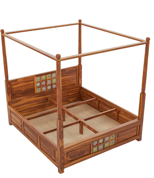 Sheesham Wood King Size Canopy Bed (72" x 78") with Multi-Color Tile Headboard - Natural Finish