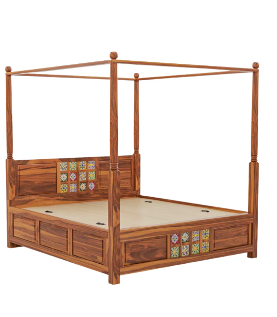 Sheesham Wood King Size Canopy Bed (72" x 78") with Multi-Color Tile Headboard - Natural Finish