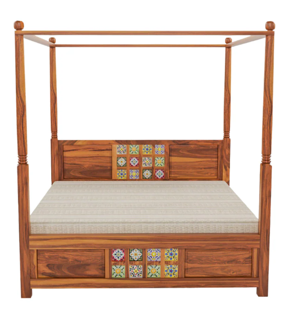 Sheesham Wood King Size Canopy Bed (72" x 78") with Multi-Color Tile Headboard - Natural Finish