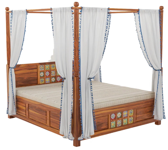 Sheesham Wood King Size Canopy Bed (72" x 78") with Multi-Color Tile Headboard - Natural Finish