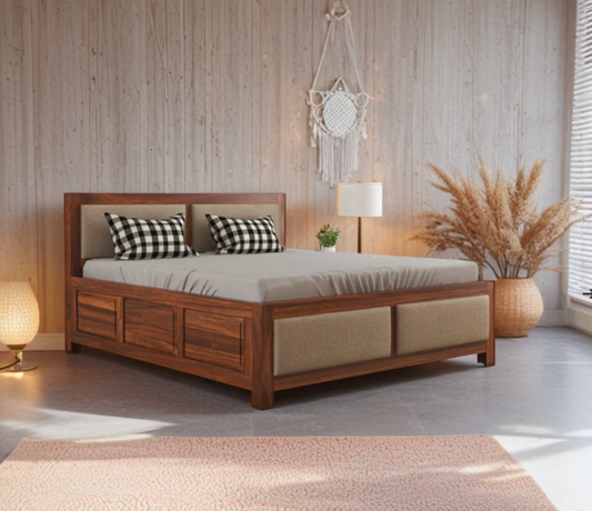 Sheesham Wood King Size Storage Bed (72"x78") with Upholstered Headboard - Natural Finish