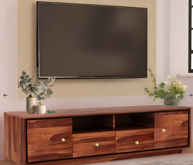Sheesham Wood Modern TV Unit & Entertainment Console (69" Length) - 2 Doors, 2 Drawers - Honey Oak Finish