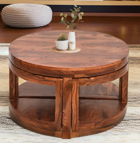 Sheesham Wood Round Nesting Coffee Table Set - Modern 2-Piece Center Table with Natural Finish