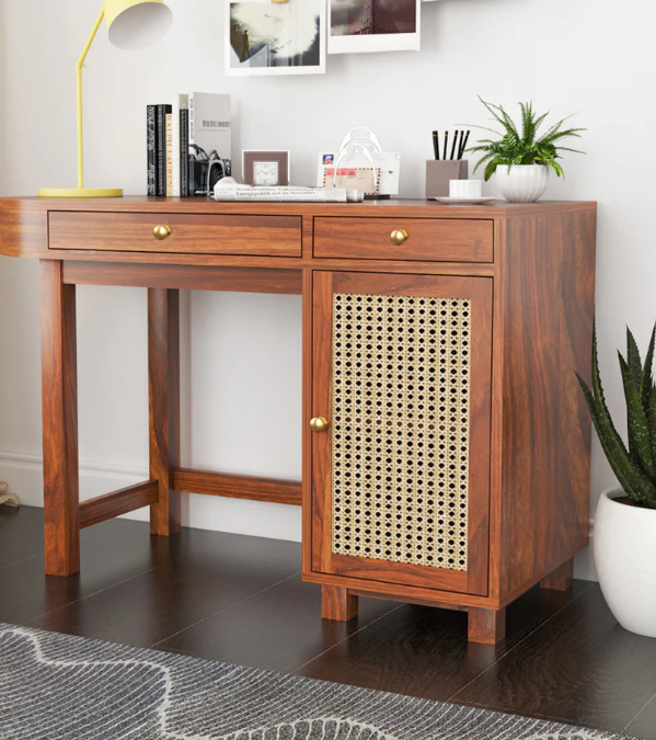 Sheesham Wood Modern Study Desk (47" L) - Cane Rattan Door & Drawers - Natural Finish