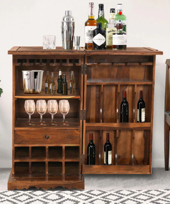 Sheesham Wood Compact Bar Cabinet (42" H) - Foldable Top, Wine Rack, Glass & Bottle Storage