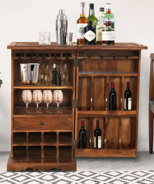 Sheesham Wood Compact Bar Cabinet (42" H) - Foldable Top, Wine Rack, Glass & Bottle Storage
