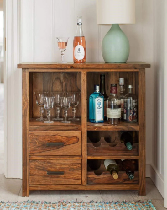 Solid Sheesham Wood Bar Cabinet with Wine Rack | Indian Rosewood Furniture
