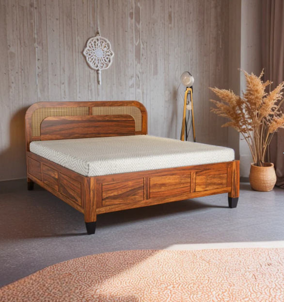 Sheesham Wood King Size Bed with Cane Headboard & Box Storage
