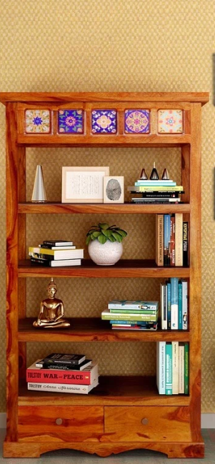 Sheesham Wood Bookshelf with Drawers | 5-Shelf Display Unit