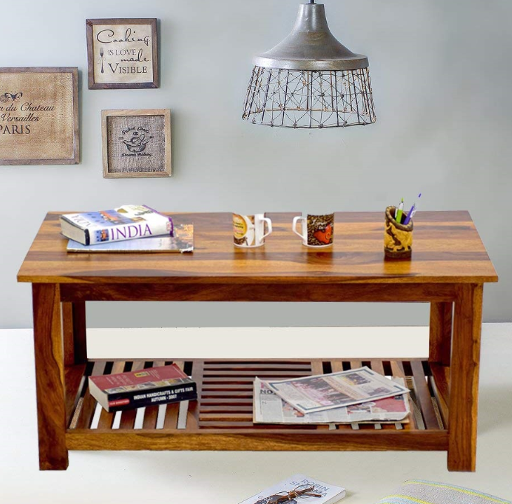 Solid Sheesham Wood Center Coffee Table with Shelf Storage for Home & Living Room (Natural Brown Finish)