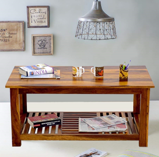 Solid Sheesham Wood Center Coffee Table with Shelf Storage for Home & Living Room (Natural Brown Finish)