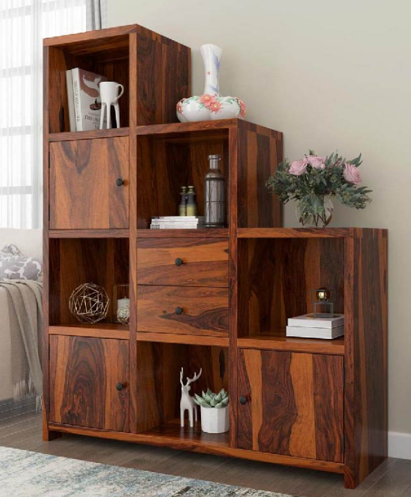 Stair Step Cube Bookcase With Doors & Drawers For Living Room (Natural Finish)