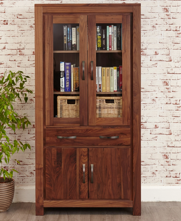 Solid Sheesham Wood Bookshelf With Doors For Book Storage in Natural Finish