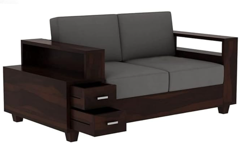 Sheesham Wood 2-Seater Sofa with Dual Drawer Storage | Wooden Living Room & Office Sofa Set – Walnut Finish
