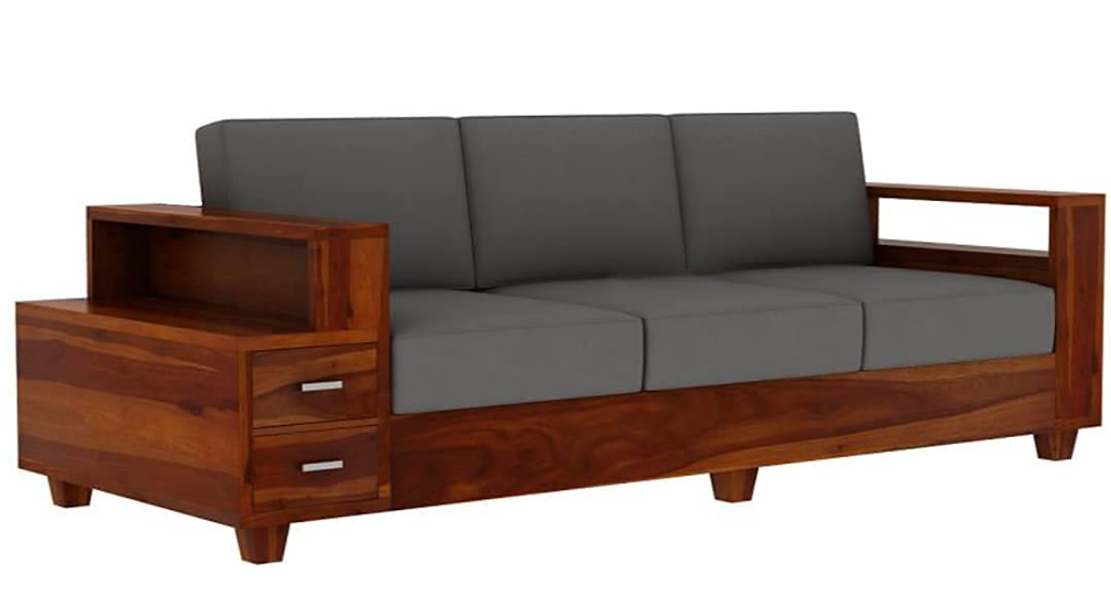 Solid Sheesham Wood Three-Seater Sofa Set with 2 Storage Drawers | Natural Finish