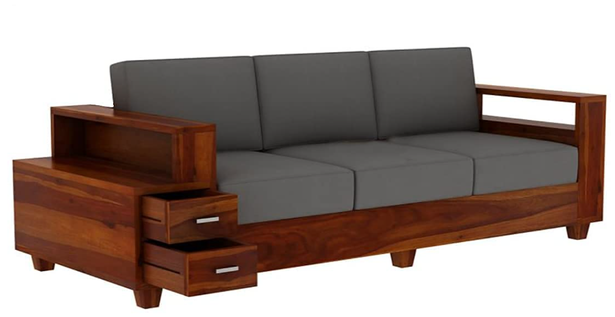 Solid Sheesham Wood Three-Seater Sofa Set with 2 Storage Drawers | Natural Finish