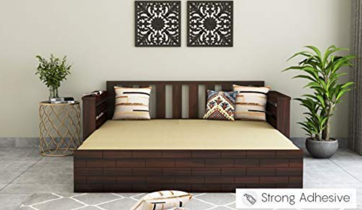 Solid Sheesham & Teak Wood 3-Seater Sofa Cum Bed for Living Room | Wooden Construction | With Storage | Without Pillows | Walnut Finish