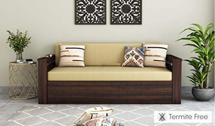 Solid Sheesham & Teak Wood 3-Seater Sofa Cum Bed for Living Room | Wooden Construction | With Storage | Without Pillows | Walnut Finish