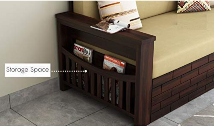 Solid Sheesham & Teak Wood 3-Seater Sofa Cum Bed for Living Room | Wooden Construction | With Storage | Without Pillows | Walnut Finish