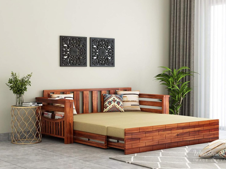 3-Person Sheesham Wood Sofa Cum Bed with Storage | Wooden Living Room Sofa Bed – Natural Brown | With Cushions