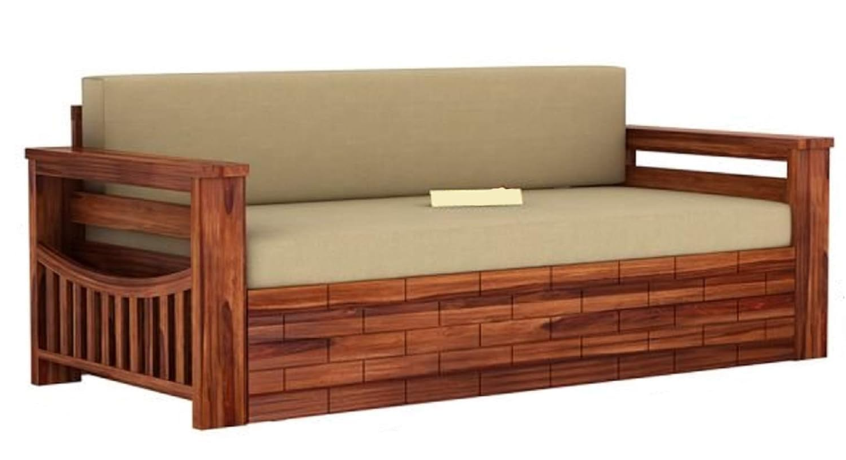3-Person Sheesham Wood Sofa Cum Bed with Storage | Wooden Living Room Sofa Bed – Natural Brown | With Cushions
