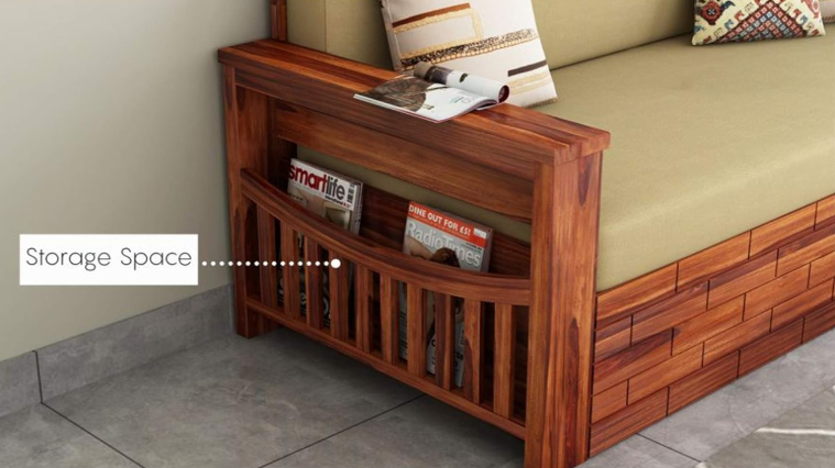 3-Person Sheesham Wood Sofa Cum Bed with Storage | Wooden Living Room Sofa Bed – Natural Brown | With Cushions