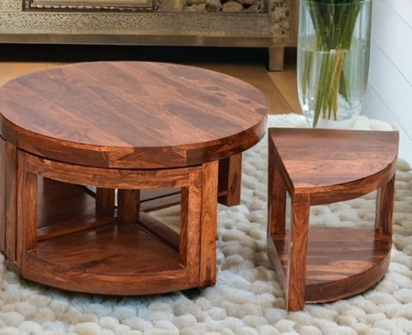Sheesham Wood Round Nesting Coffee Table Set - Modern 2-Piece Center Table with Natural Finish