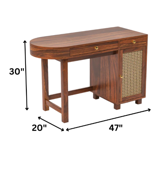 Sheesham Wood Modern Study Desk (47" L) - Cane Rattan Door & Drawers - Natural Finish
