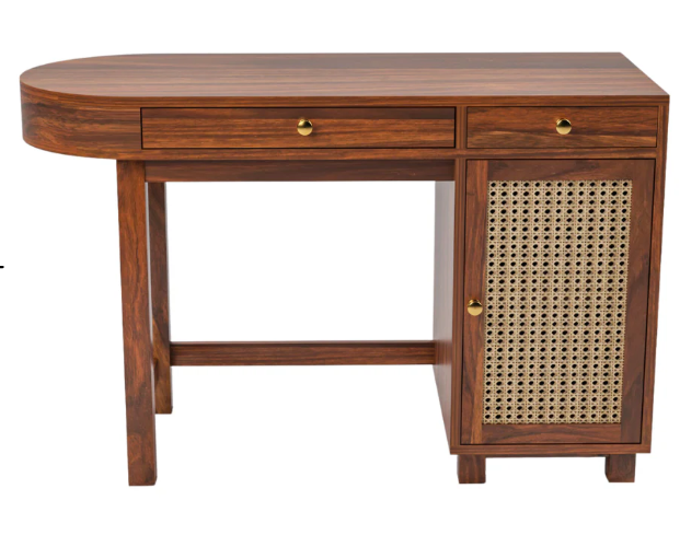 Sheesham Wood Modern Study Desk (47" L) - Cane Rattan Door & Drawers - Natural Finish