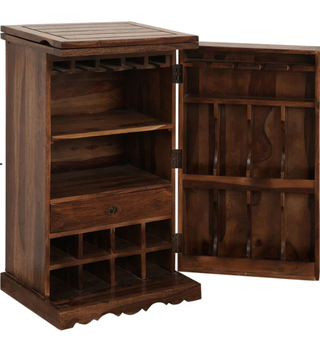Sheesham Wood Compact Bar Cabinet (42" H) - Foldable Top, Wine Rack, Glass & Bottle Storage