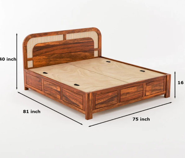 Sheesham Wood King Size Bed with Cane Headboard & Box Storage