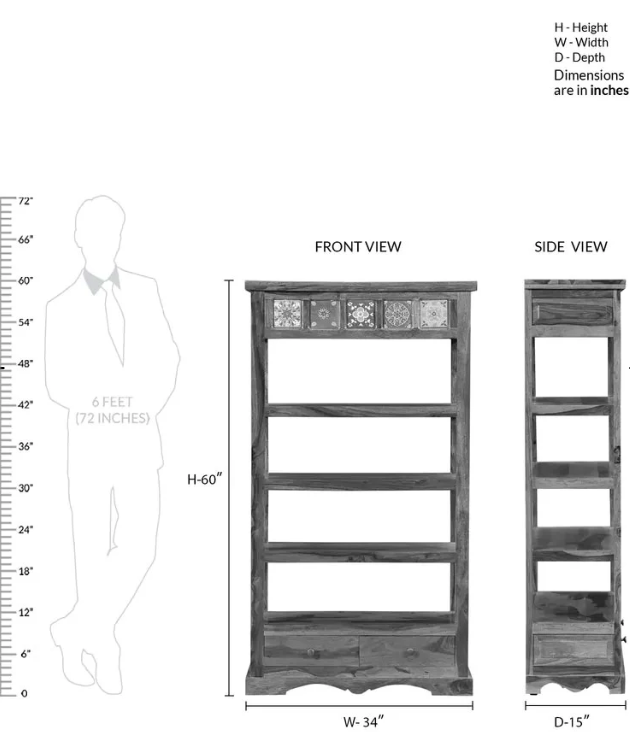Sheesham Wood Bookshelf with Drawers | 5-Shelf Display Unit