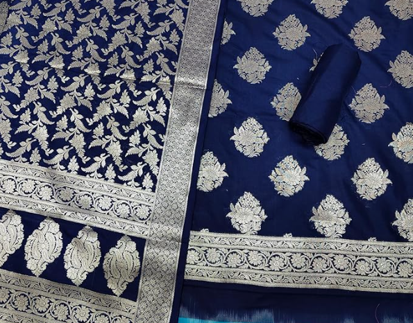 Royal Blue Banarasi Katan Silk Unstitched Suit with Zari Work