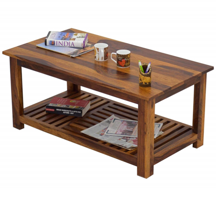 Solid Sheesham Wood Center Coffee Table with Shelf Storage for Home & Living Room (Natural Brown Finish)